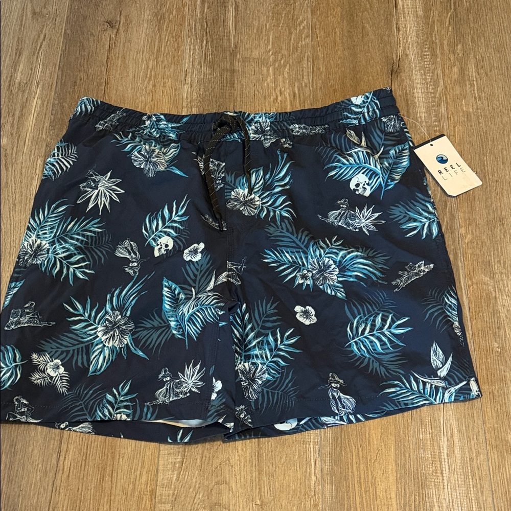 Reel Life Men's Tropical Pattern Swim Trunks.